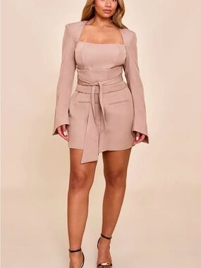 PrettyLittleThing Beige Long Sleeve Belted Mini Dress
